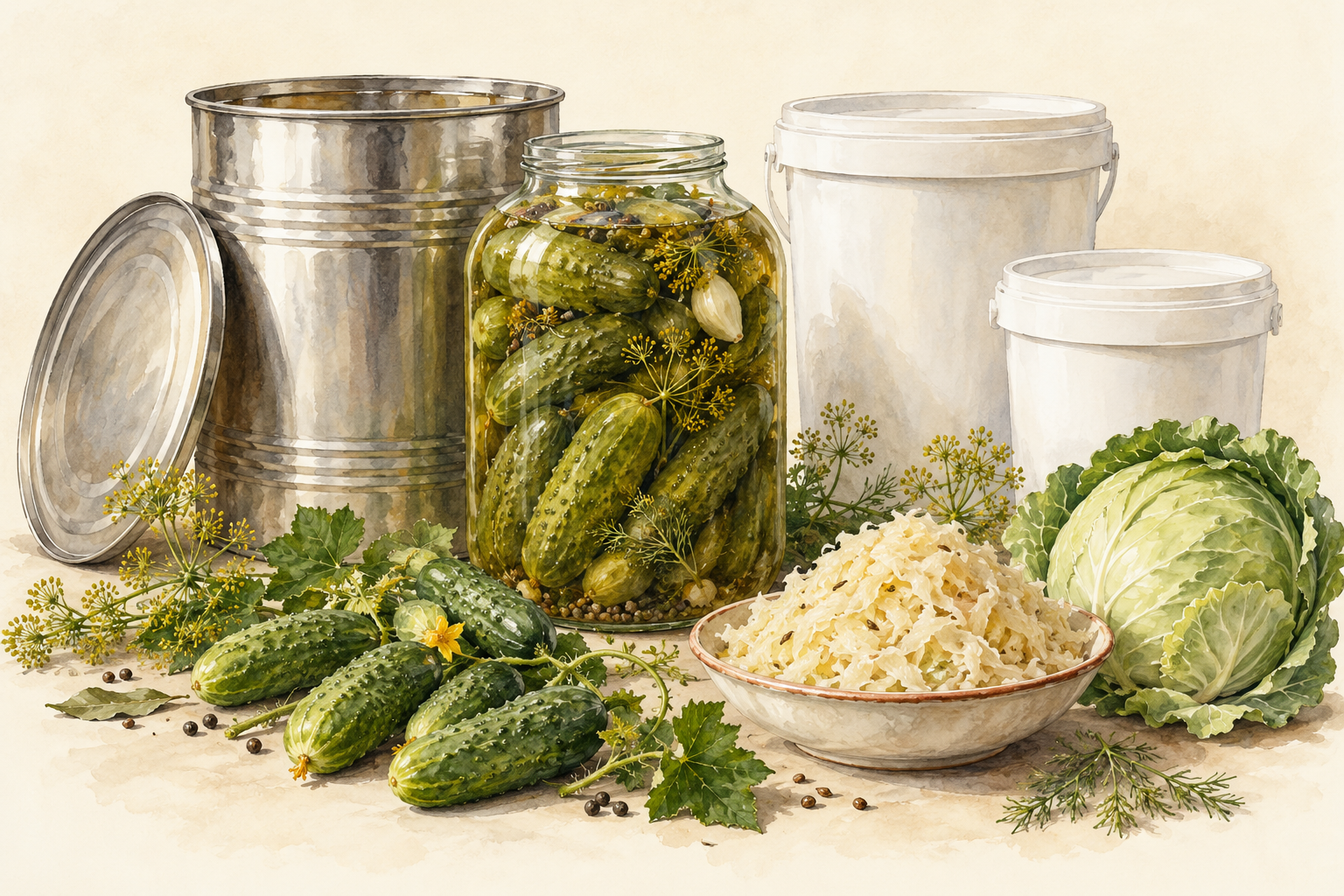 Malerische Illustration von Gurken und Sauerkraut mit Dose, Großglas und Eimern